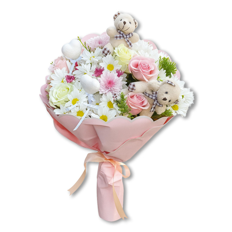 BEYAZ PEMBE GÜL PAPATYA AYICIK 