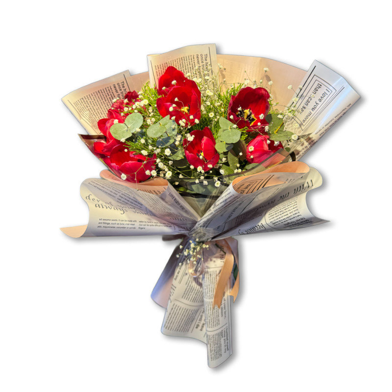 GAZETE KAĞIDI 7' KIRMIZI GÜL OKALİPTUS 