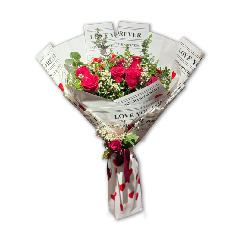 GAZETE KAĞIDI 10' KIRMIZI GÜL OKALİPTUS 