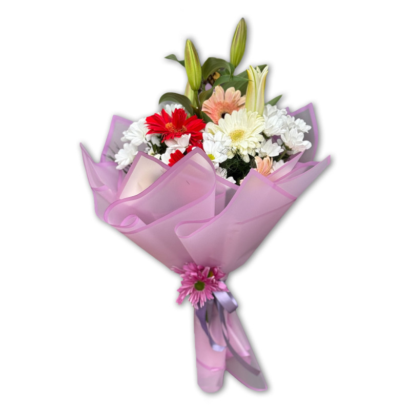 PEMBE BUKET KAĞIDINDA LİLYUMLU KUCAK DOLUSU BUKET