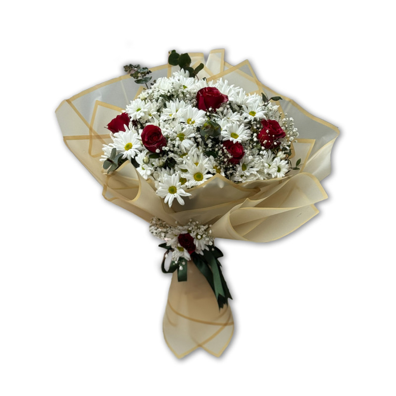 KUCAK DOLUSU SARI BUKET KAĞITI 5 KIRMIZI GÜL  BEYAZ PAPATYA