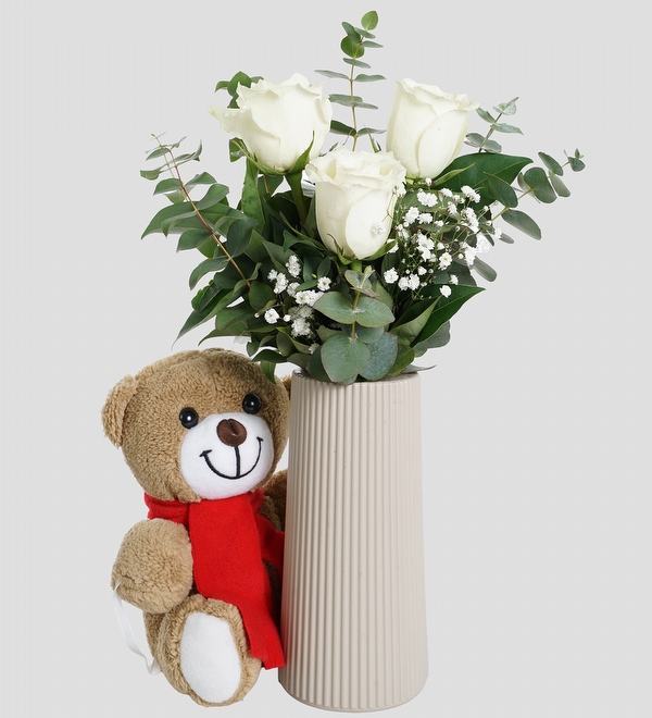 Bej Vazoda 3 Gül ve Ayıcık